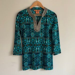 TORY BURCH 100% Silk Turquoise Floral Print Tunic